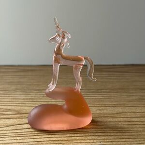 Vintage Hand Blown Art Glass Pink Unicorn On Frosted Glass Base Handcrafted 2.5”